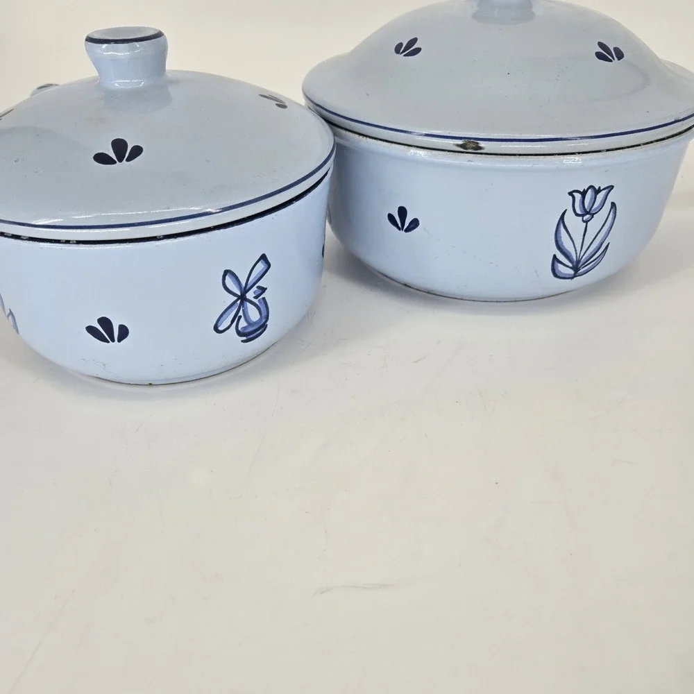 Vintage DRU Holland Blue Enamel Saucepan Set With Lids Tulip MCM Cookware 6
